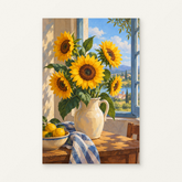 Sunflowers at the Open Window Paint by Numbers Kit — original artwork displayed as a canvas on a warm off-white wall.