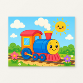 Sunny Train Adventure Paint by Numbers Kit — original artwork displayed as a canvas on a warm off-white wall.