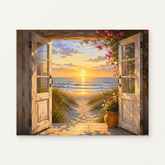 Sunset Door Paint by Numbers Kit — original artwork displayed as a canvas on a warm off-white wall.