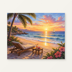 Palm Tree Beach at Sunset Paint by Numbers Kit — original artwork displayed as a canvas on a warm off-white wall.