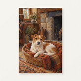 Terrier by the Hearth Paint by Numbers Kit — original artwork displayed as a canvas on a warm off-white wall.