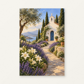 The Chapel Garden Paint by Numbers Kit — original artwork displayed as a canvas on a warm off-white wall.