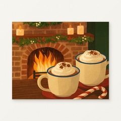 Cozy Cocoa Evenings Paint by Numbers Kit — original artwork displayed as a canvas on a warm off-white wall.