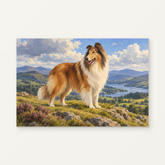 The Collie on the Ridge Paint by Numbers Kit — original artwork displayed as a canvas on a warm off-white wall.