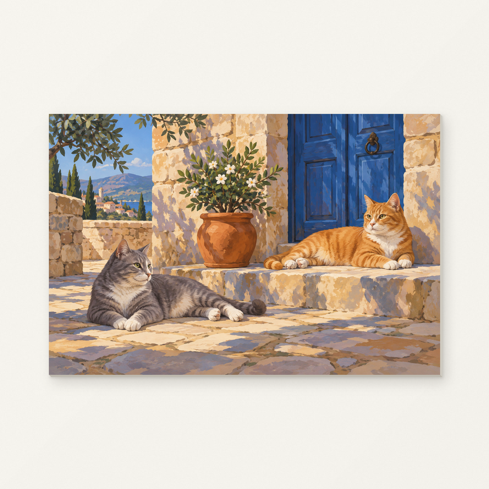 Ginger and Grey Cats in a Courtyard Paint by Numbers Kit — original artwork displayed as a canvas on a warm off-white wall.
