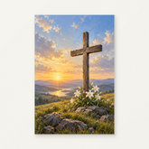 The Cross on the Hill Paint by Numbers Kit — original artwork displayed as a canvas on a warm off-white wall.