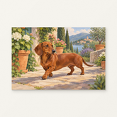 The Dachshund Walk Paint by Numbers Kit — original artwork displayed as a canvas on a warm off-white wall.
