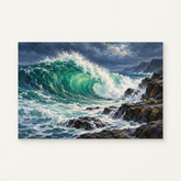 Emerald Ocean Wave and Coastal Rocks Paint by Numbers Kit — original artwork displayed as a canvas on a warm off-white wall.