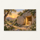 The Empty Tomb at Sunrise Paint by Numbers Kit — original artwork displayed as a canvas on a warm off-white wall.