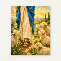The Good Shepherd with Lambs Paint by Numbers Kit — original artwork displayed as a canvas on a warm off-white wall.