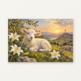 The Lamb among the Lilies Paint by Numbers Kit — original artwork displayed as a canvas on a warm off-white wall.