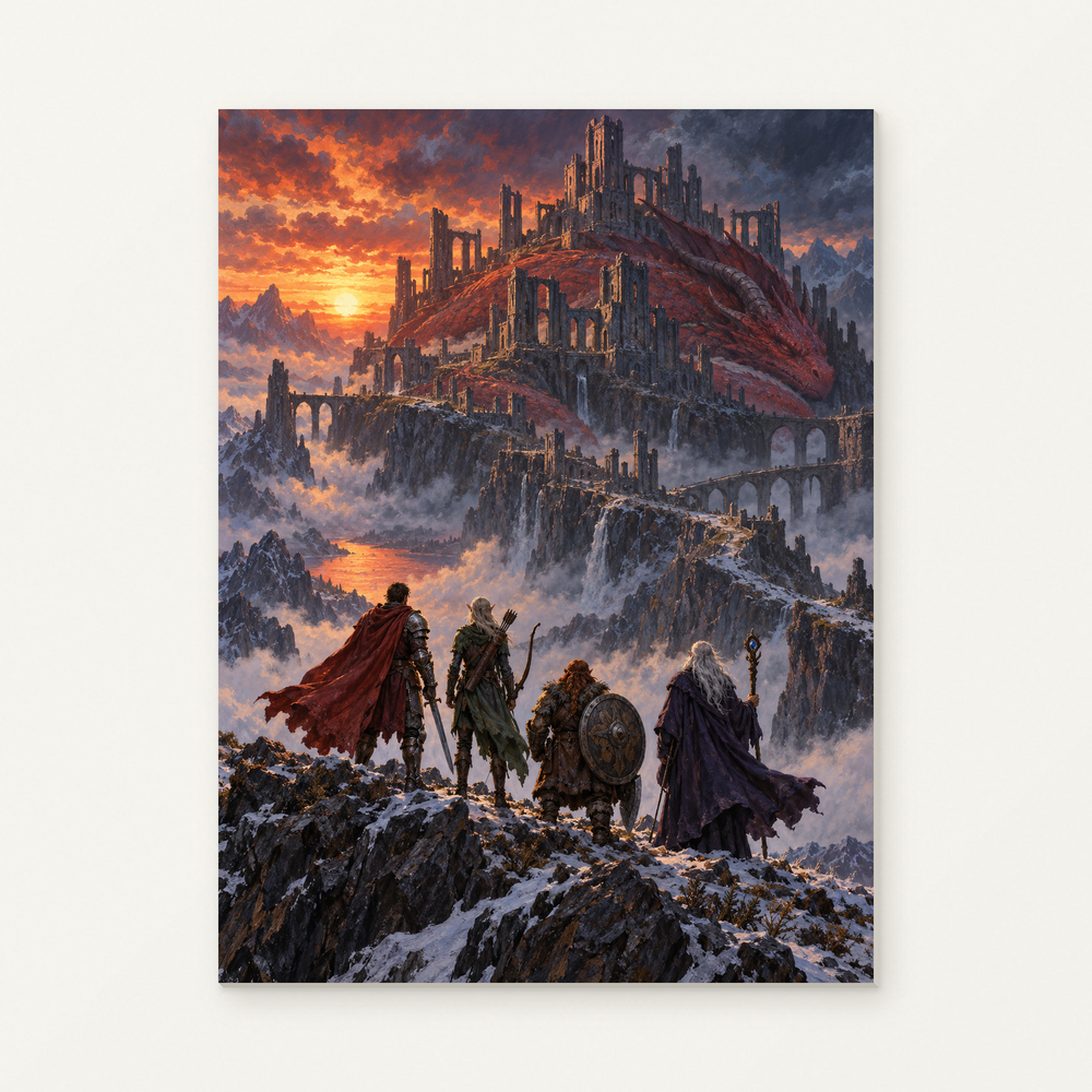 Adventurers and a Red Dragon at Dragonspire Paint by Numbers Kit — original artwork displayed as a canvas on a warm off-white wall.