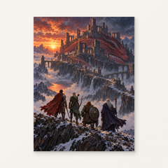 Adventurers and a Red Dragon at Dragonspire Paint by Numbers Kit — original artwork displayed as a canvas on a warm off-white wall.