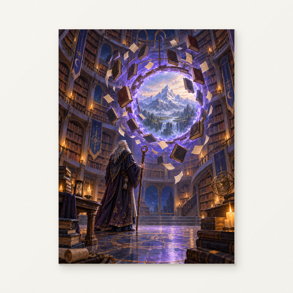 Wizard Opening a Portal in a Library Paint by Numbers Kit — original artwork displayed as a canvas on a warm off-white wall.