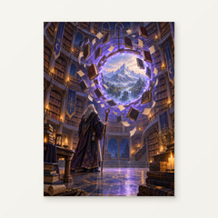 Wizard Opening a Portal in a Library Paint by Numbers Kit — original artwork displayed as a canvas on a warm off-white wall.
