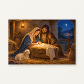 The Nativity by Lamplight Paint by Numbers Kit — original artwork displayed as a canvas on a warm off-white wall.