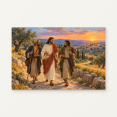 The Road to Emmaus Paint by Numbers Kit — original artwork displayed as a canvas on a warm off-white wall.