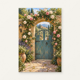 The Rose Garden Gate Paint by Numbers Kit — original artwork displayed as a canvas on a warm off-white wall.