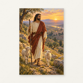Jesus with Lambs at Sunrise Paint by Numbers Kit — original artwork displayed as a canvas on a warm off-white wall.
