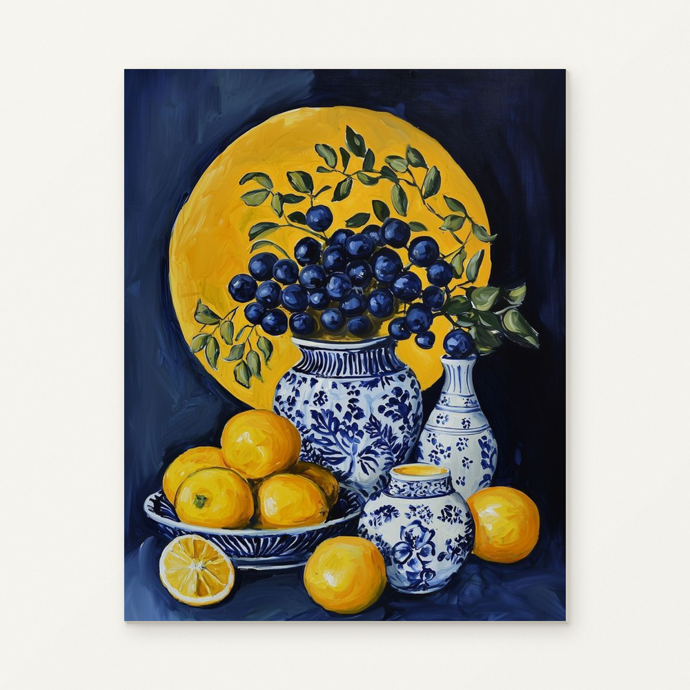 Lemons and Blueberries with Blue-and-White Vases Paint by Numbers Kit — original artwork displayed as a canvas on a warm off-white wall.