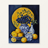 Lemons and Blueberries with Blue-and-White Vases Paint by Numbers Kit — original artwork displayed as a canvas on a warm off-white wall.