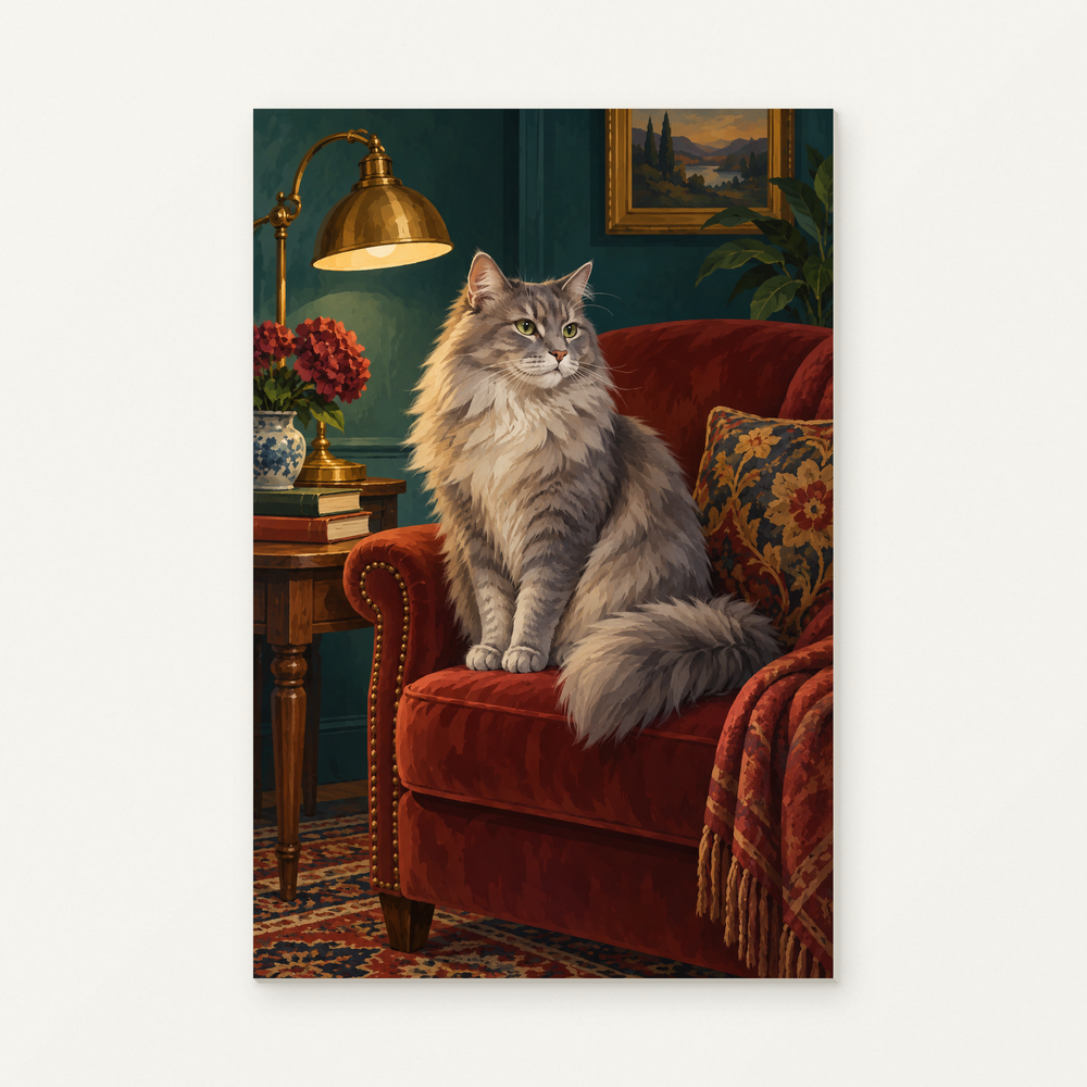 Longhaired Grey Cat by Lamplight Paint by Numbers Kit — original artwork displayed as a canvas on a warm off-white wall.