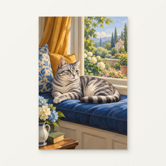 Silver Tabby Cat on a Blue Window Cushion Paint by Numbers Kit — original artwork displayed as a canvas on a warm off-white wall.