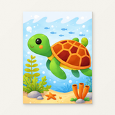 Tiny Turtle Paint by Numbers Kit — original artwork displayed as a canvas on a warm off-white wall.