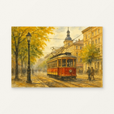Tram in the Autumn Mist Paint by Numbers Kit — original artwork displayed as a canvas on a warm off-white wall.