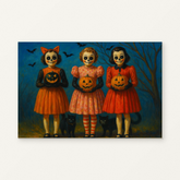 Retro Pumpkin Sisters Paint by Numbers Kit — original artwork displayed as a canvas on a warm off-white wall.
