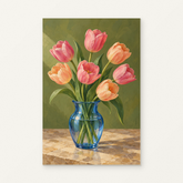 Tulips in the Green Room Paint by Numbers Kit — original artwork displayed as a canvas on a warm off-white wall.