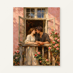 Couple at a Flower-Framed Window Paint by Numbers Kit — original artwork displayed as a canvas on a warm off-white wall.