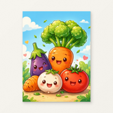 Veggie Giggles Paint by Numbers Kit — original artwork displayed as a canvas on a warm off-white wall.