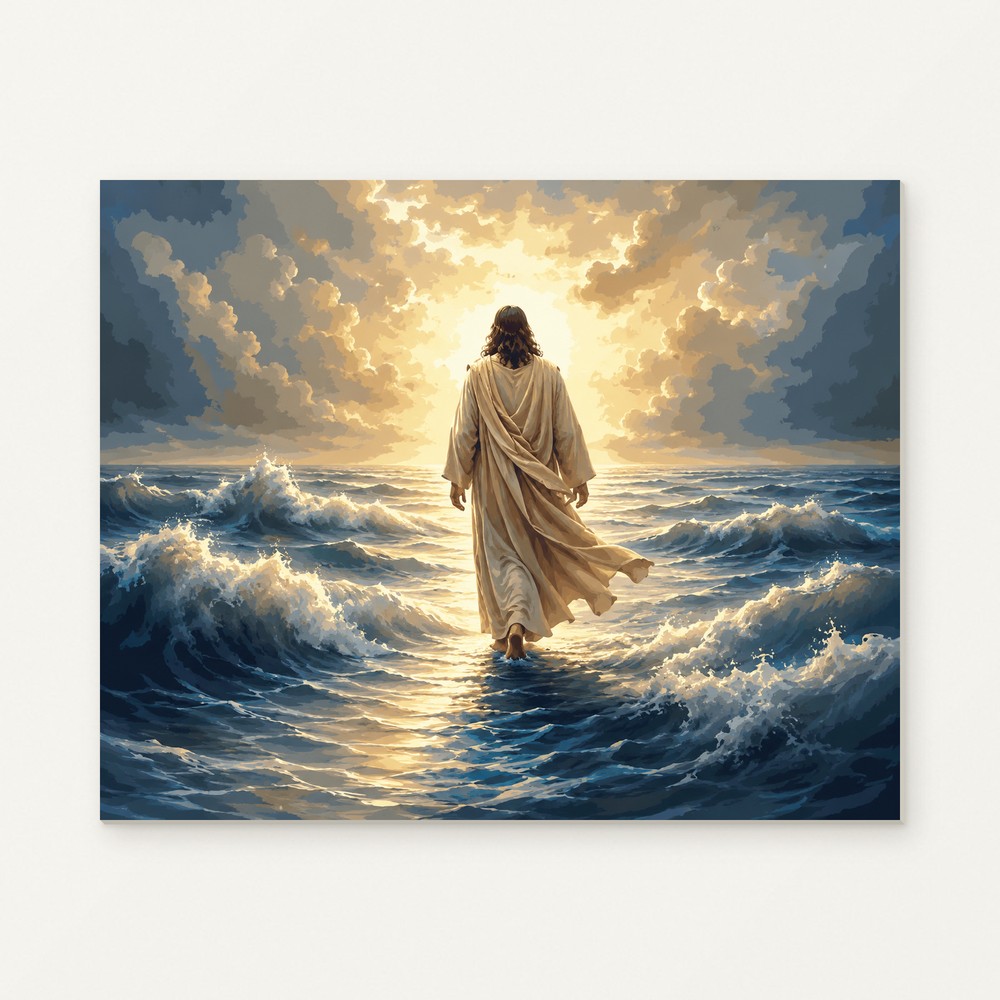 Jesus Walking on Water Paint by Numbers Kit — original artwork displayed as a canvas on a warm off-white wall.