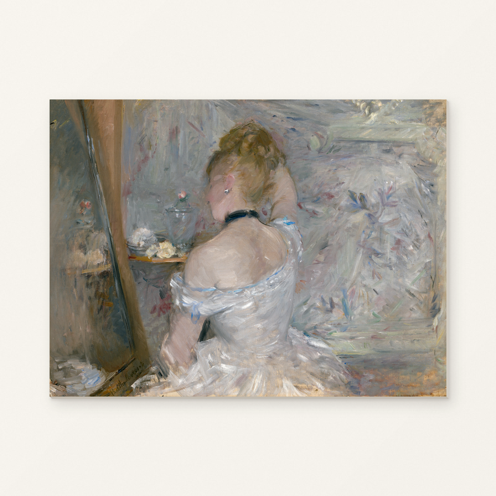 Woman at Her Toilette — complete artwork displayed on a canvas against a warm off-white wall.