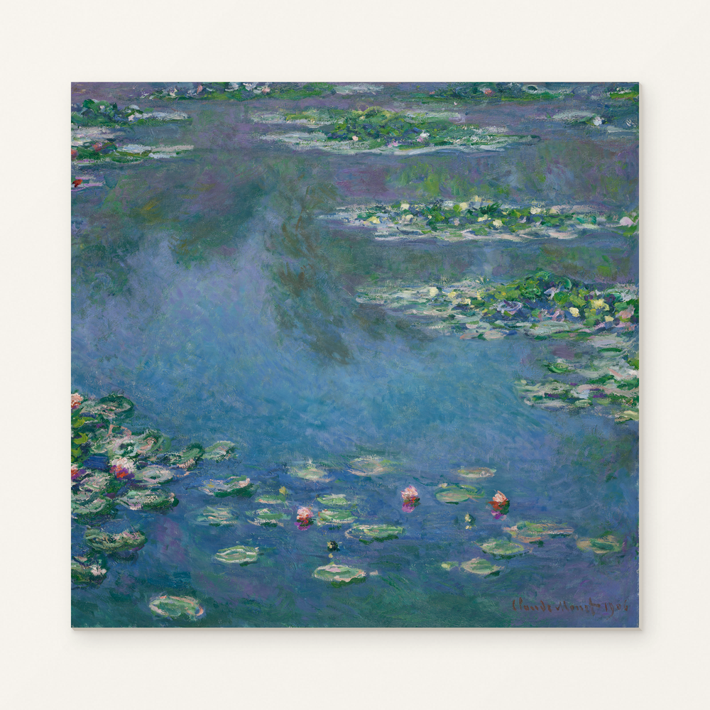 Water Lilies — complete artwork displayed on a canvas against a warm off-white wall.