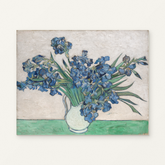 Irises — complete artwork displayed on a canvas against a warm off-white wall.