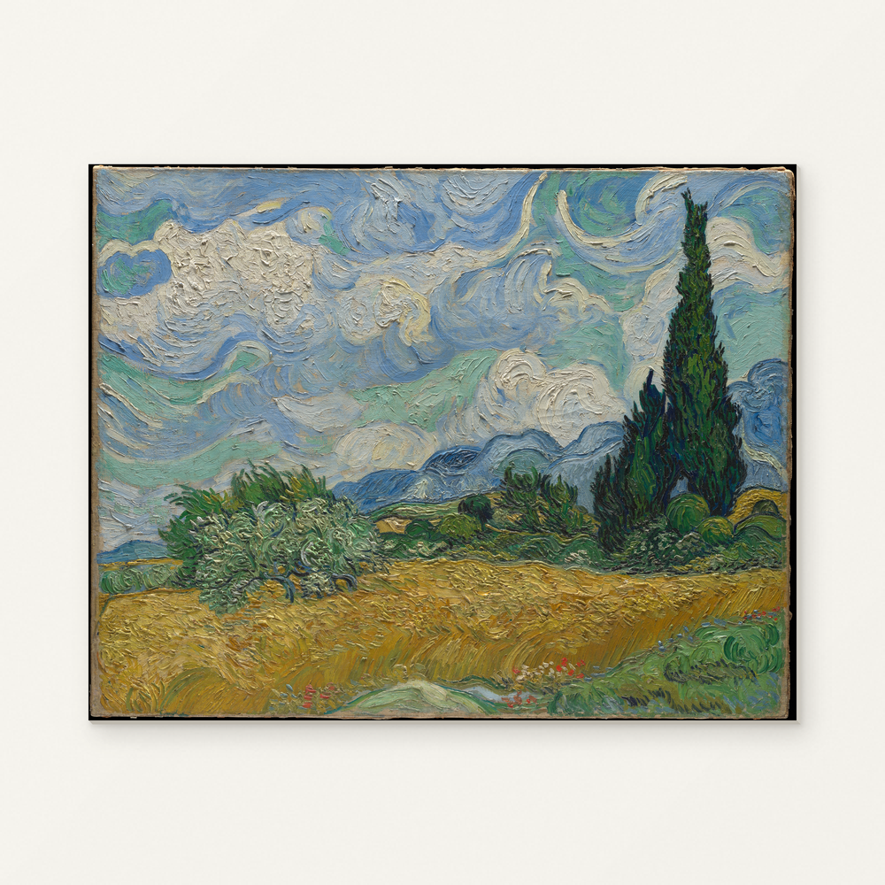Wheat Field with Cypresses — complete artwork displayed on a canvas against a warm off-white wall.