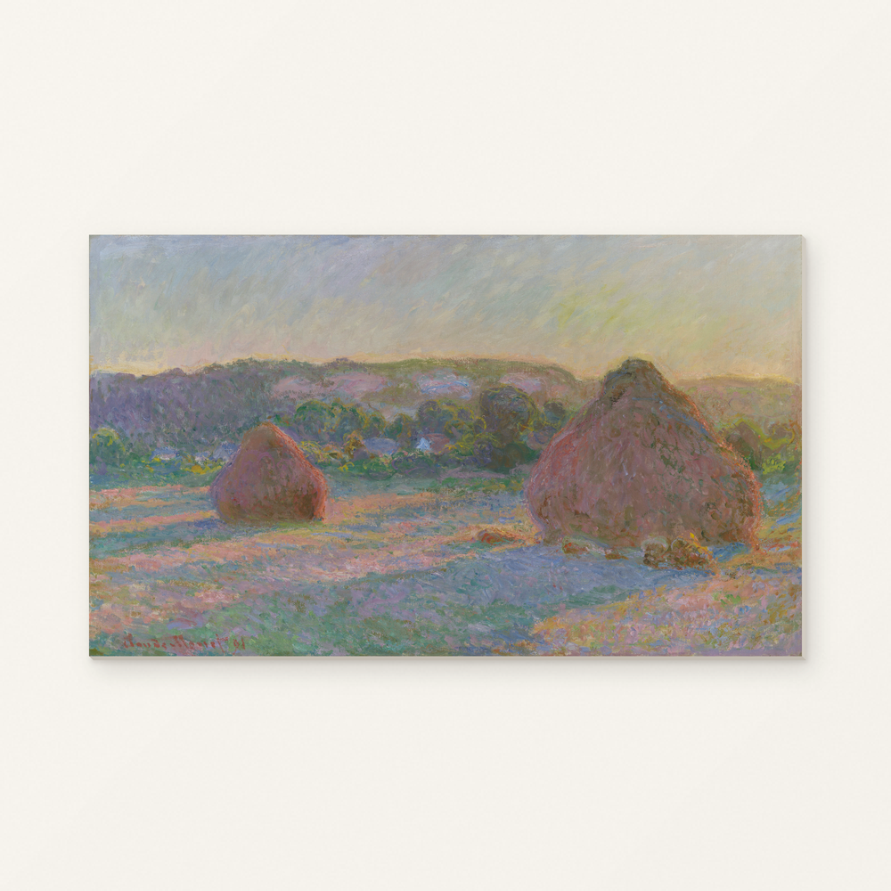 Stacks of Wheat (End of Summer) — complete artwork displayed on a canvas against a warm off-white wall.