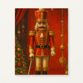 Christmas Nutcracker on Red Paint by Numbers Kit — original artwork displayed as a canvas on a warm off-white wall.