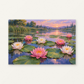 Pink and White Water Lilies on a Pond Paint by Numbers Kit — original artwork displayed as a canvas on a warm off-white wall.