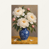 White Peonies and Blue Ceramic Paint by Numbers Kit — original artwork displayed as a canvas on a warm off-white wall.