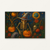 Witch Skeleton Among Pumpkins Paint by Numbers Kit — original artwork displayed as a canvas on a warm off-white wall.