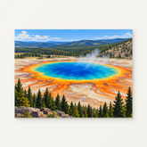 Yellowstone Grand Prismatic Paint by Numbers Kit — complete artwork displayed on a canvas against a warm off-white wall.