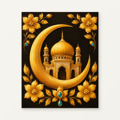 Golden Crescent Moon and Mosque Paint by Numbers Kit — original artwork displayed as a canvas on a warm off-white wall.