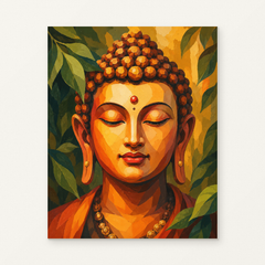 Golden Buddha Serenity Paint by Numbers Kit — original artwork displayed as a canvas on a warm off-white wall.