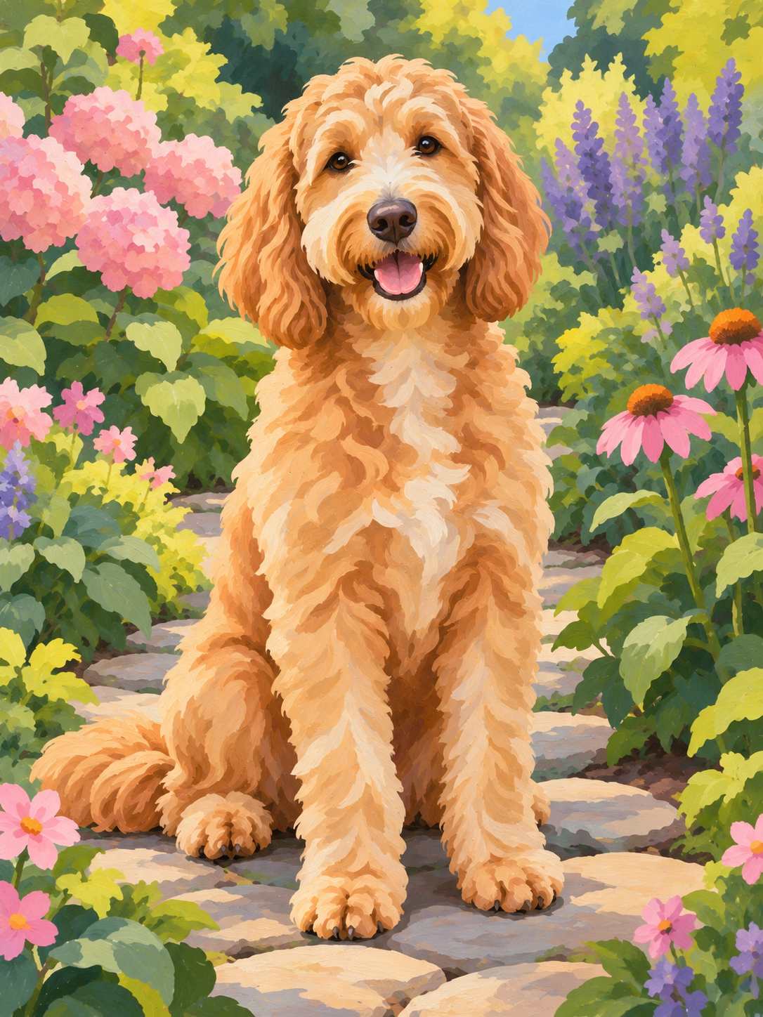 Apricot Goldendoodle in a Flower Garden Paint by Numbers Kit — unframed artwork detail