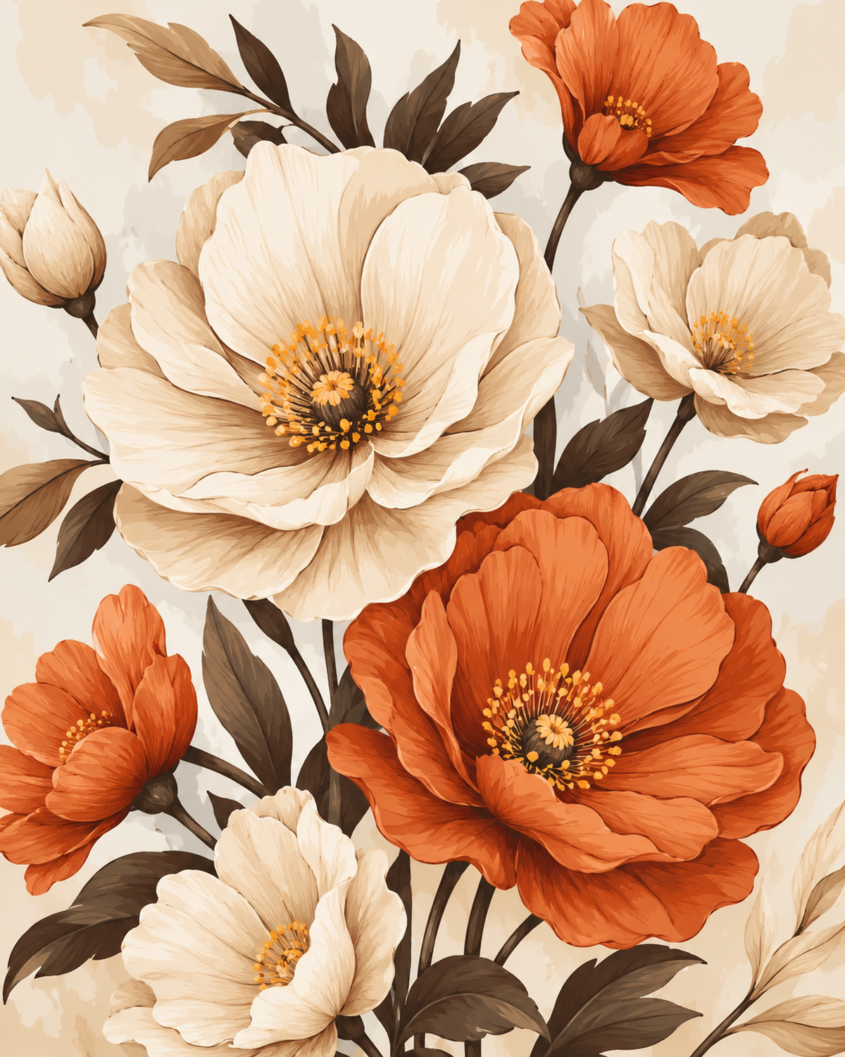 Orange and Cream Autumn Flowers Paint by Numbers Kit — unframed artwork detail