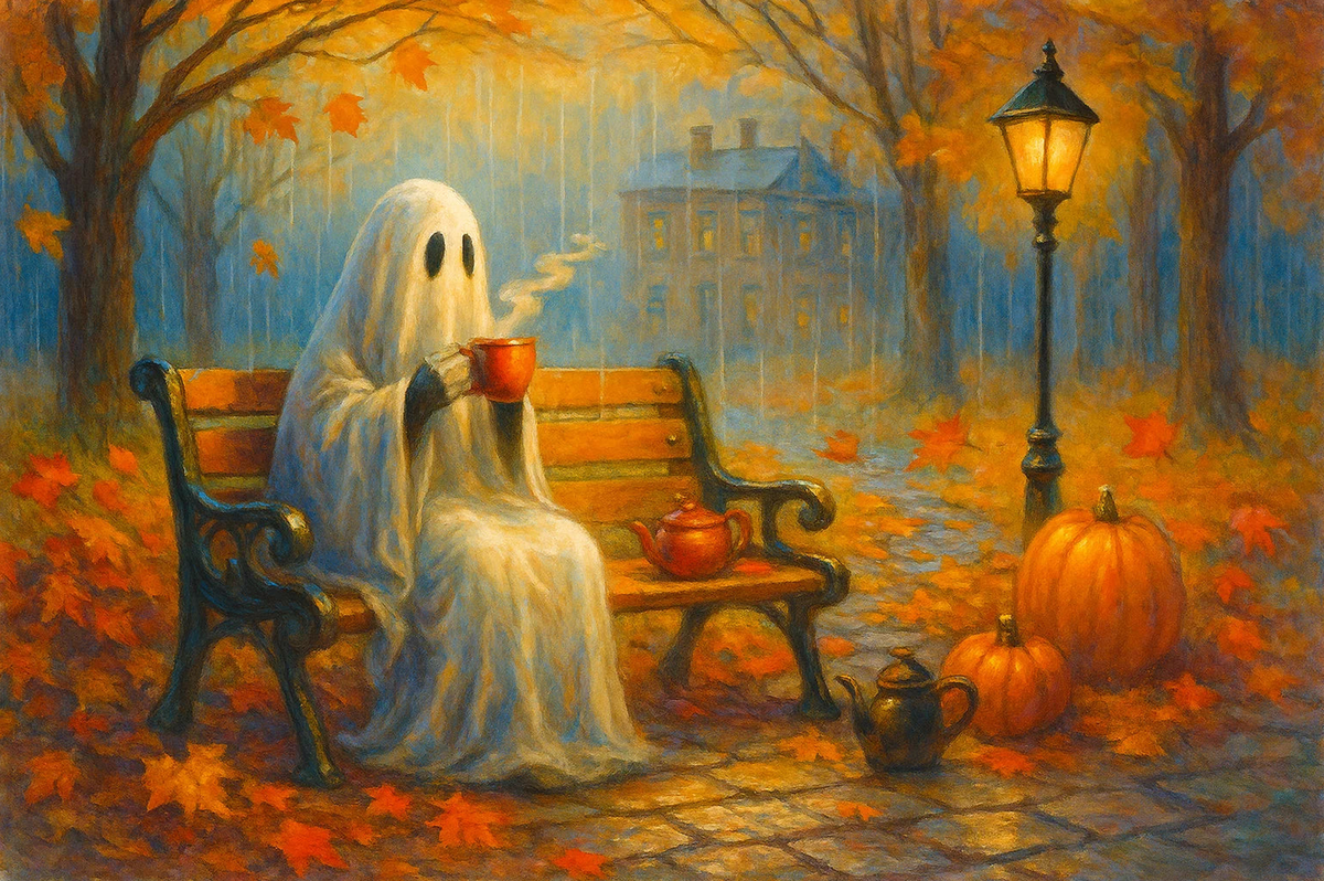 Autumn Rain and Ghostly Tea Paint by Numbers Kit — unframed artwork detail
