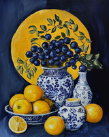 Lemons and Blueberries with Blue-and-White Vases Paint by Numbers Kit — unframed artwork detail